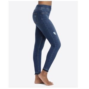 SPANX ANKLE SKINNY Distressed Blue pull-on Jeans Jeggings-Size Small Red Rip Tag